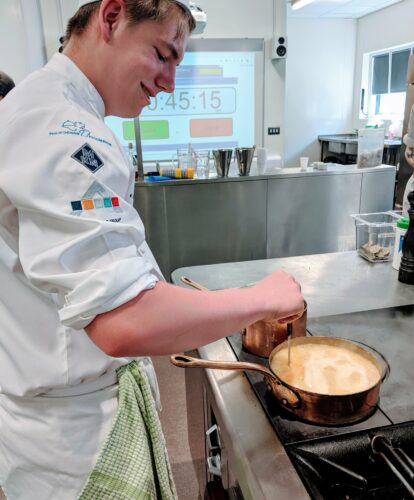 Hospitality and catering students preparing food in the Taw Restaurant