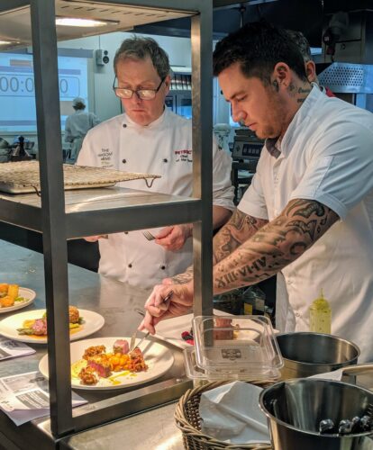 Hospitality and catering students preparing food in the Taw Restaurant