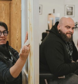 Two adult learners, one painting a frame and one in a barber shop