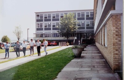 An image of some students stood outside the North Devon college building in the 1970s